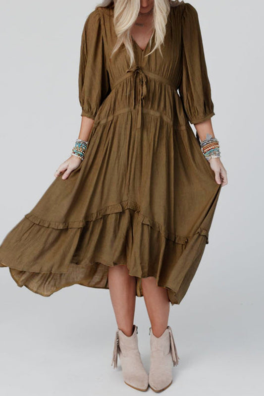 Tie Puff Sleeve Empire Waist Flared Dress