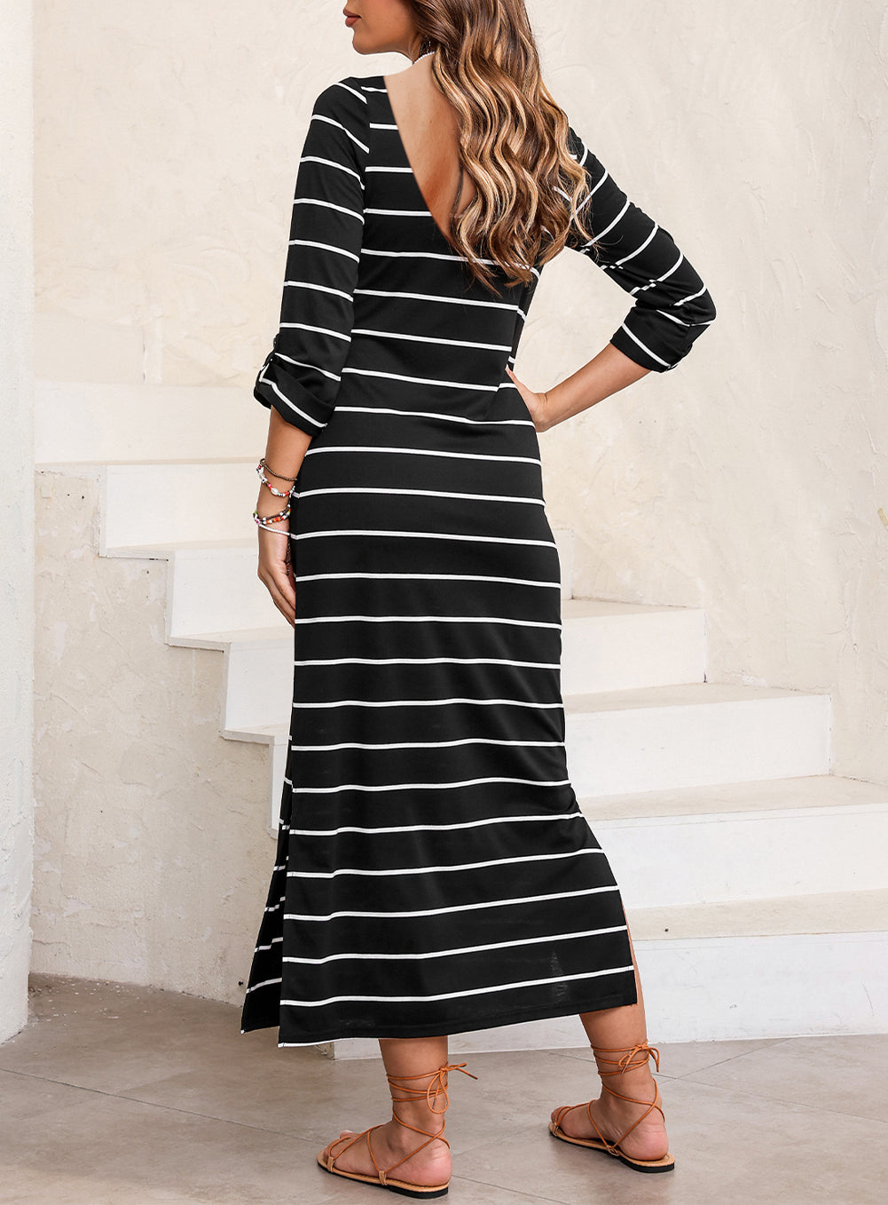 Striped Casual Slit Long Dress