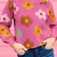 Sweet Flower Knitted Ribbed Hem Sweater