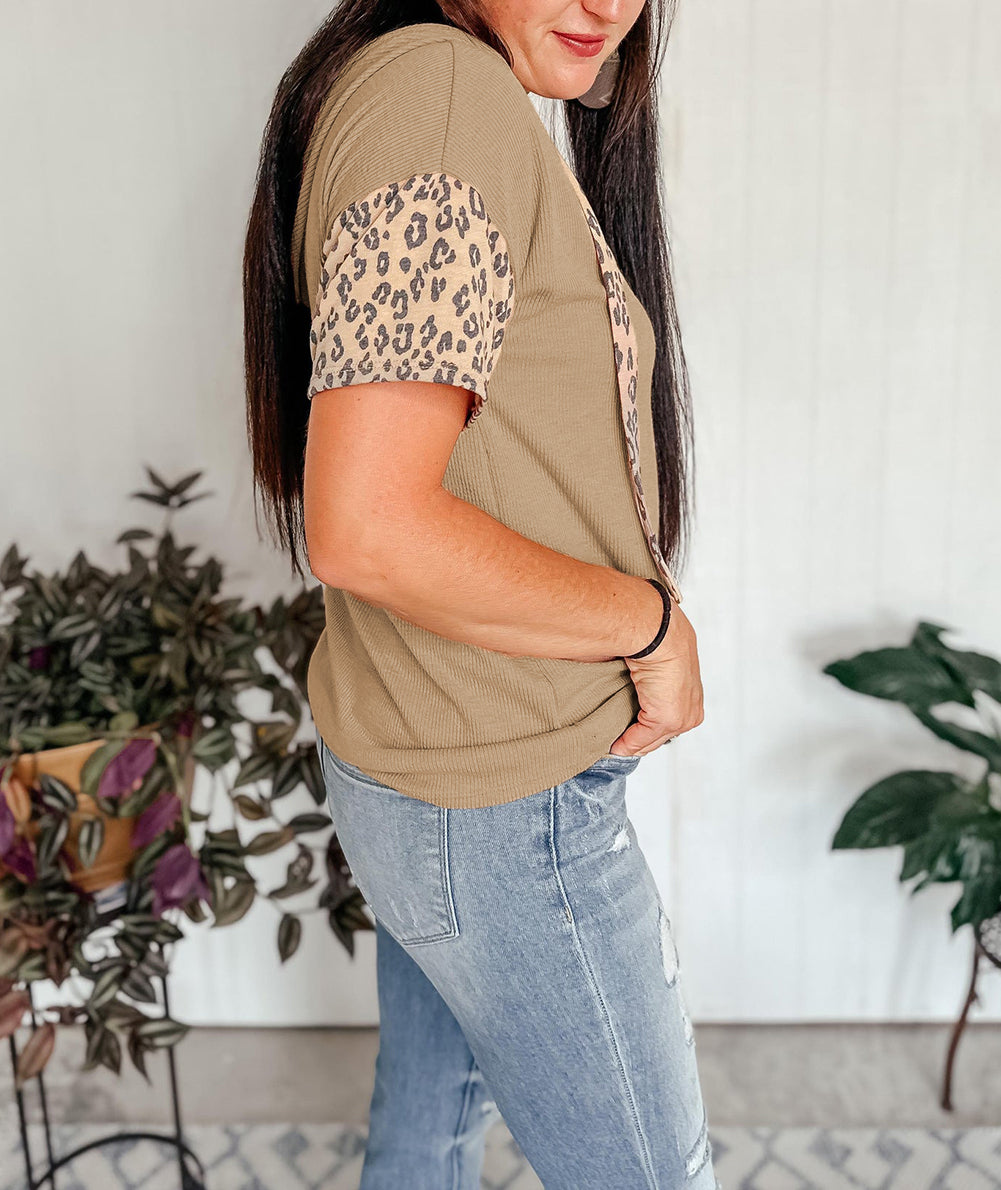 Leopard Patchwork Drawstring Hooded T Shirt