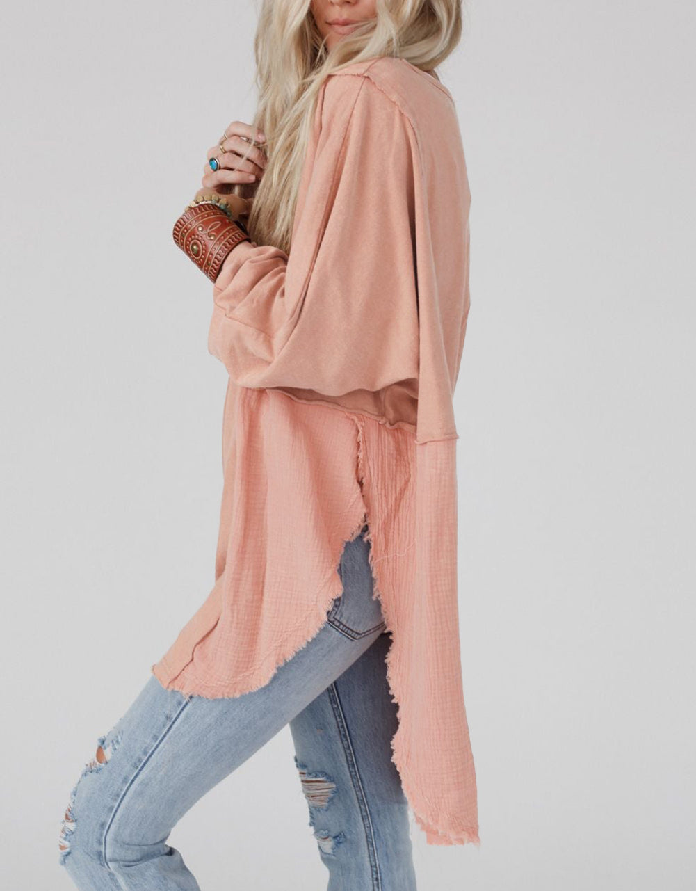 Crinkle Splicing Raw Hem High Low Oversized Blouse