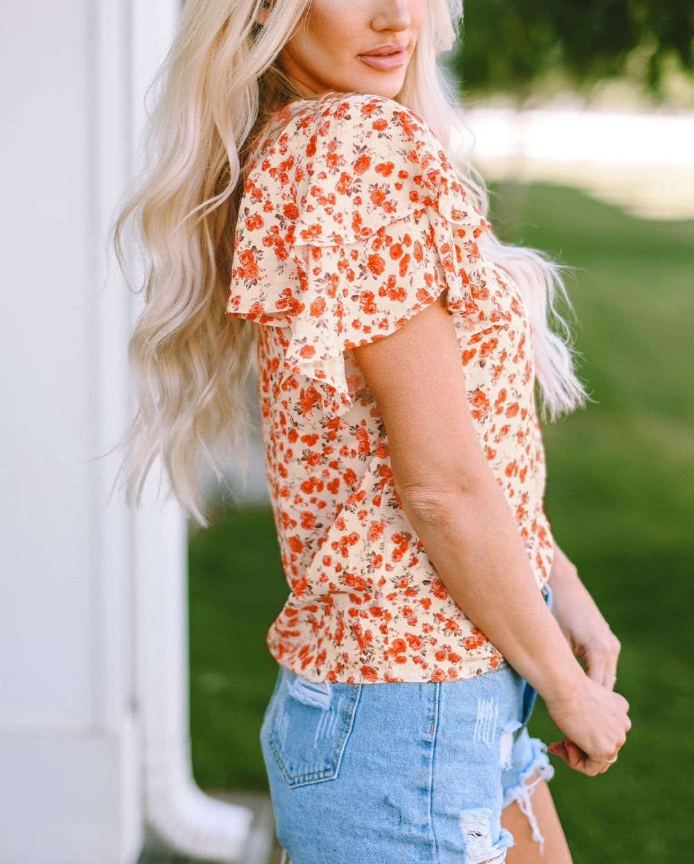 Orange Floral Tiered Flutter Sleeve Blouse