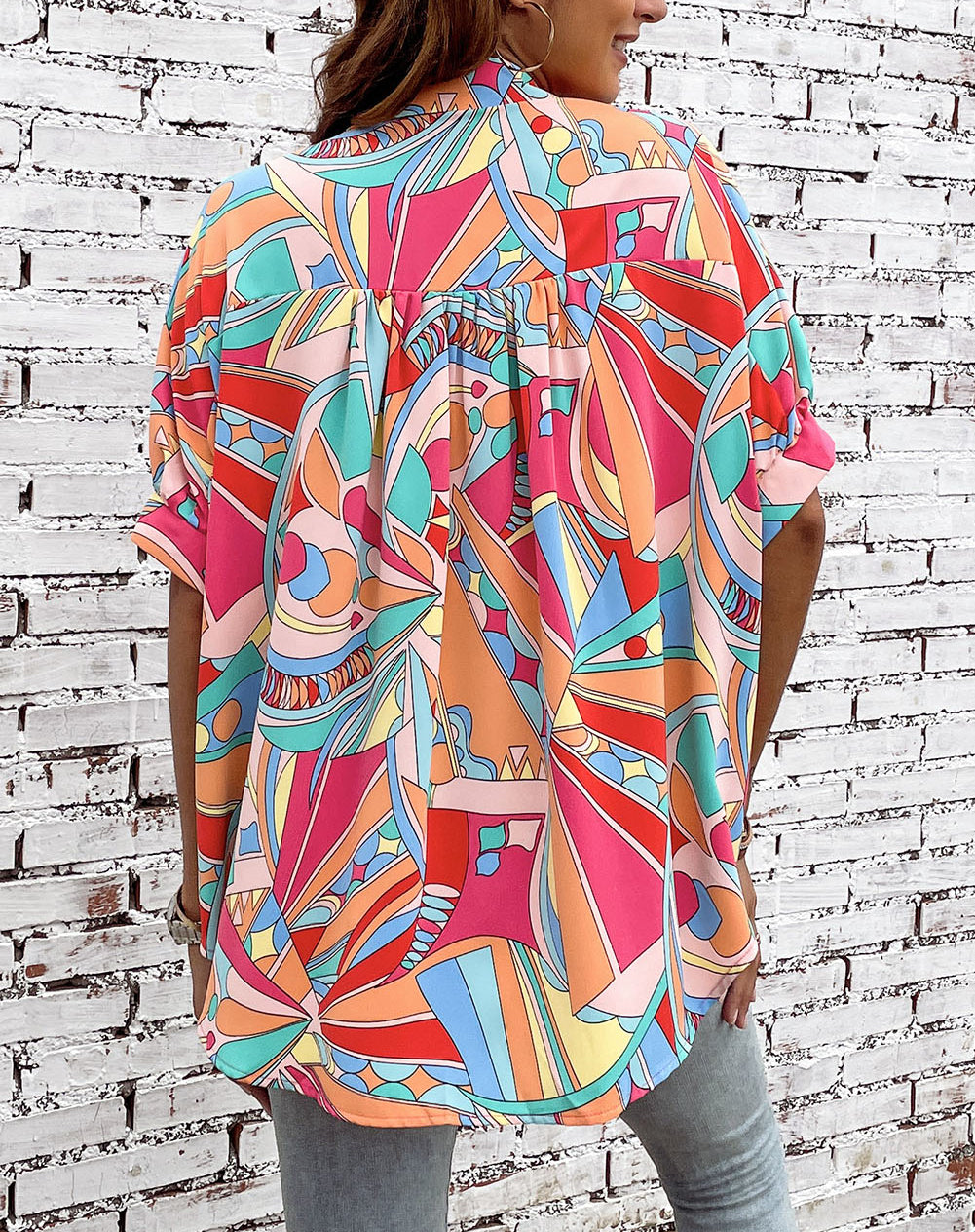 Abstract Geometry Print Half Puff Sleeve Loose Shirt