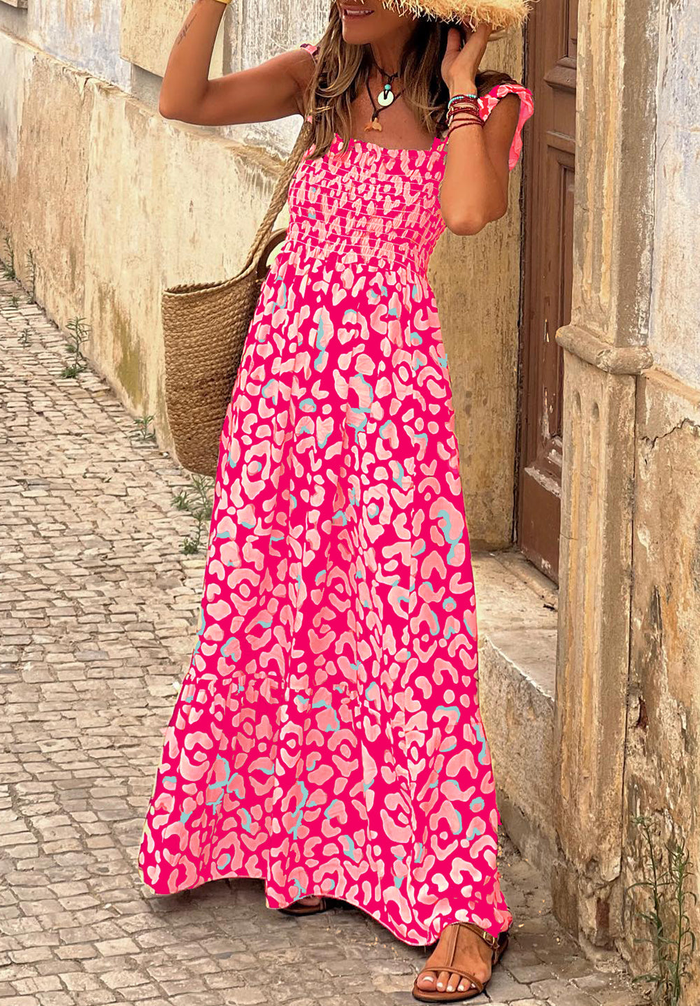 Leopard Ruffle Straps Smocked High Waist Long Dress