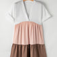 Triple Colors V Neck Folded Cuffs Tiered Loose Dress