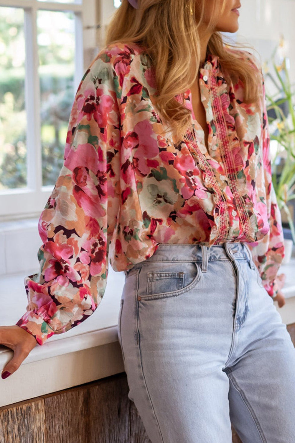 Floral Print Ruffled Stitch Buttoned Loose Fit Shirt