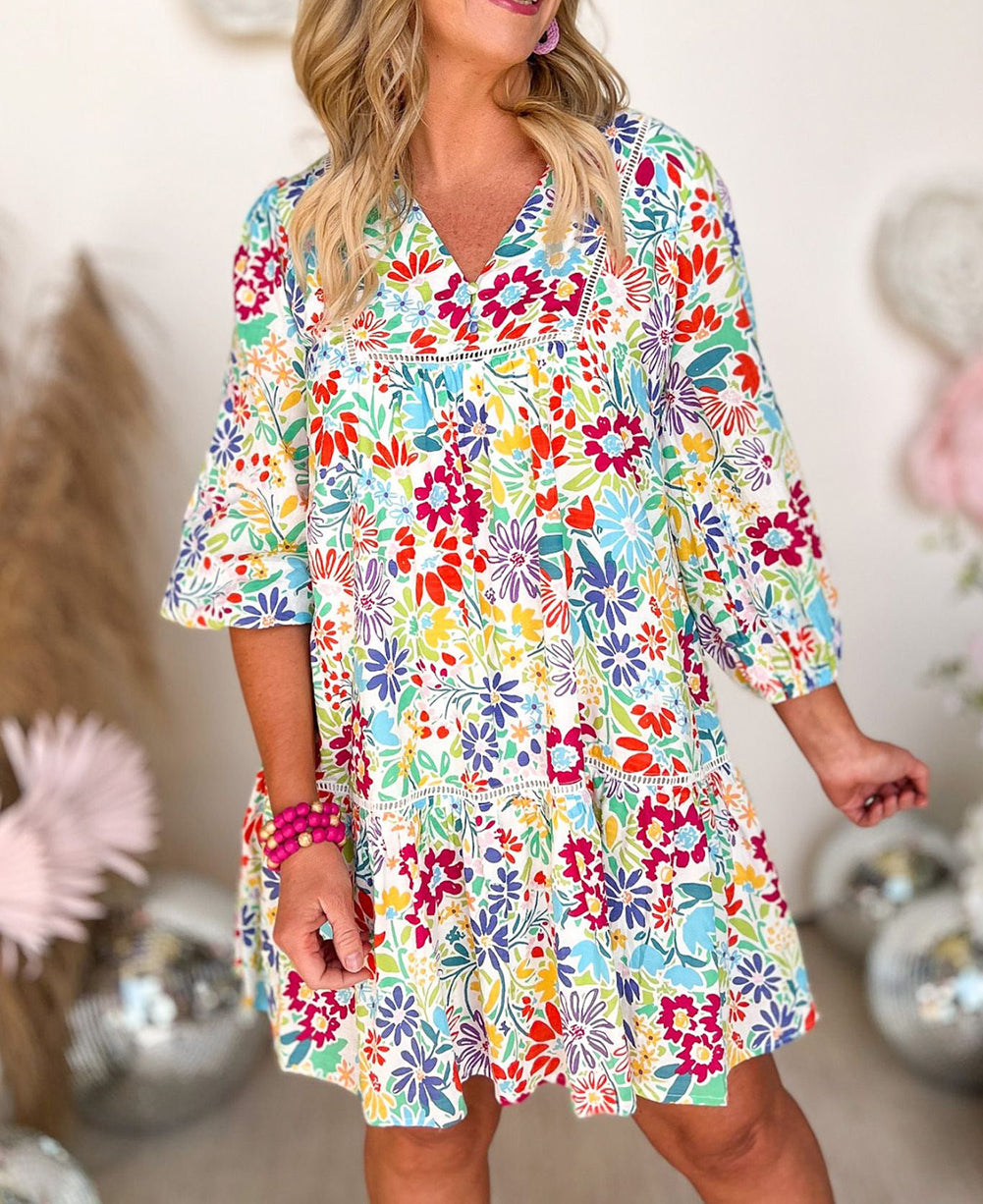 Floral Lace Eyelet V Neck Mini Dress