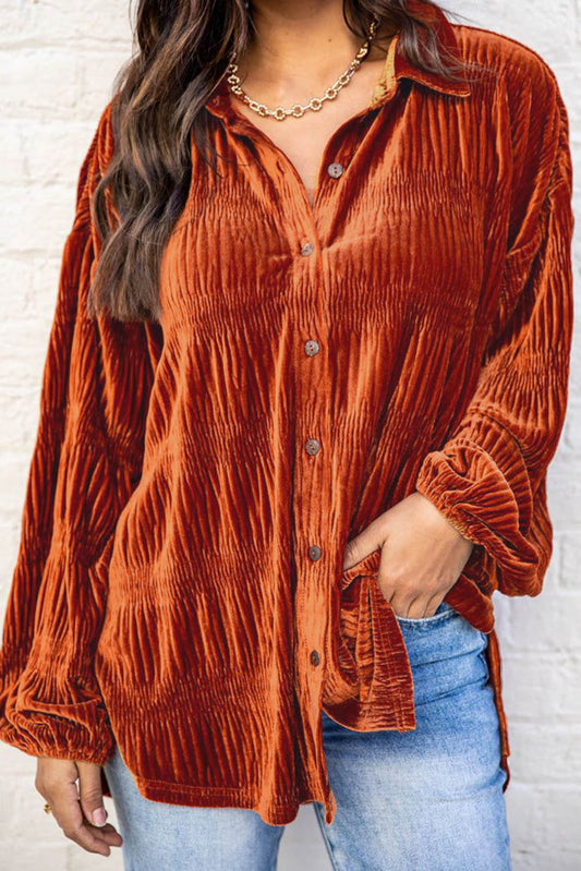 Solid Color Textured Velvet Button Up Shirt