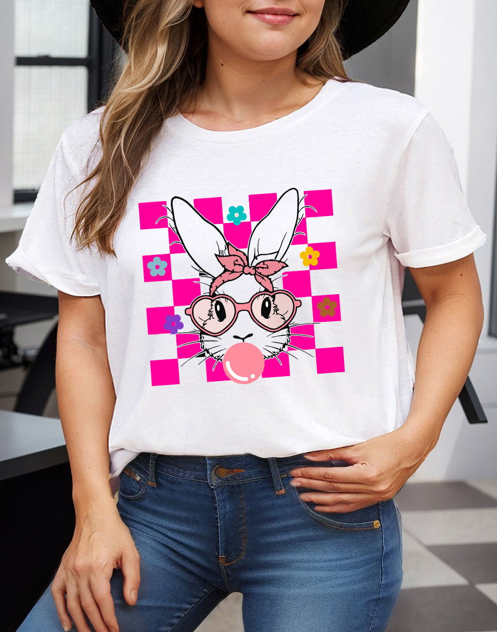 Bubblegum Easter Rabbit Checker Flower Graphic Plus Tee