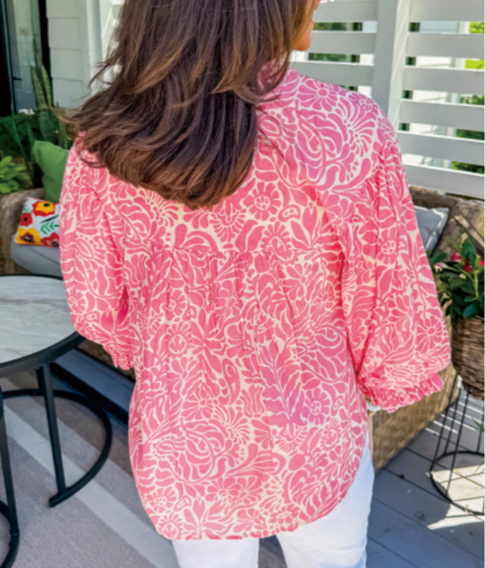 Plus Size Floral Print Frilled Neck Puff Sleeve Top