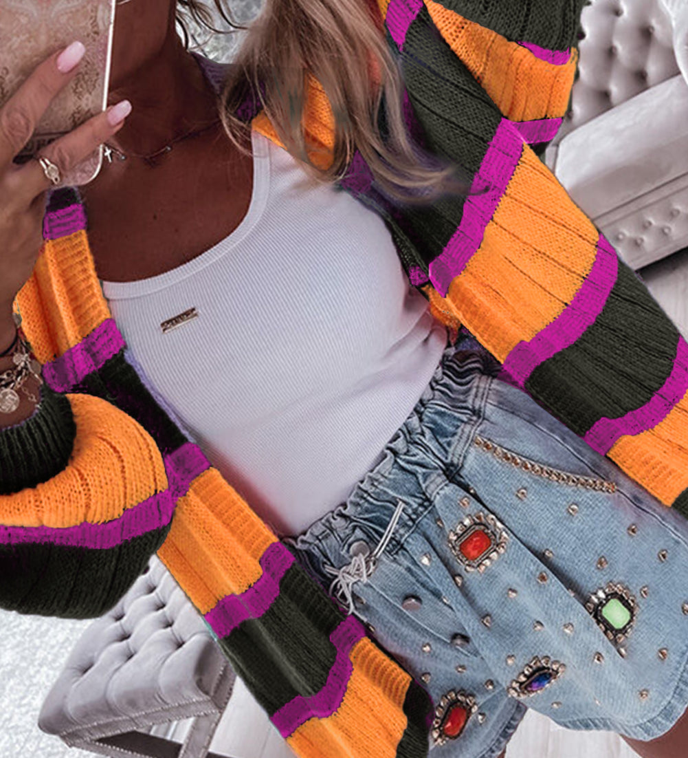 Striped Colorblock Drop Shoulder Slouchy Cardigan