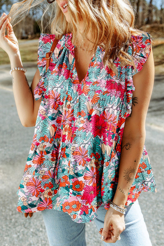 Floral Print Drawstring V Neck Ruffled Tank Top