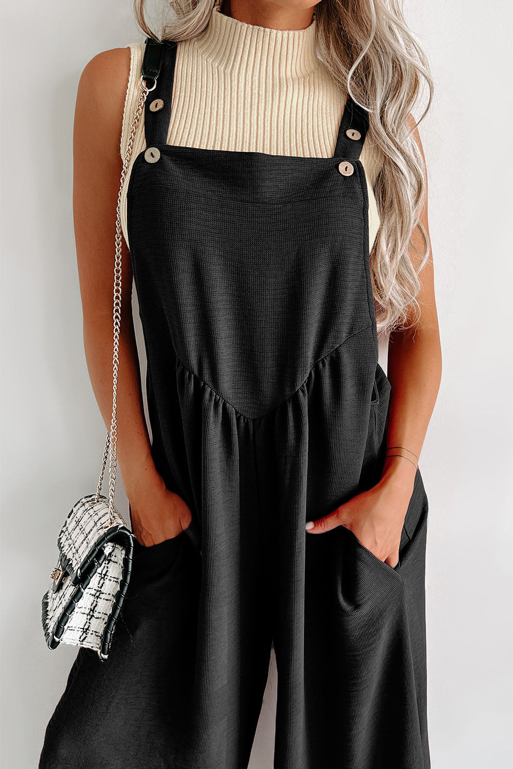 Textured Buttoned Straps Ruched Wide Leg Jumpsuit