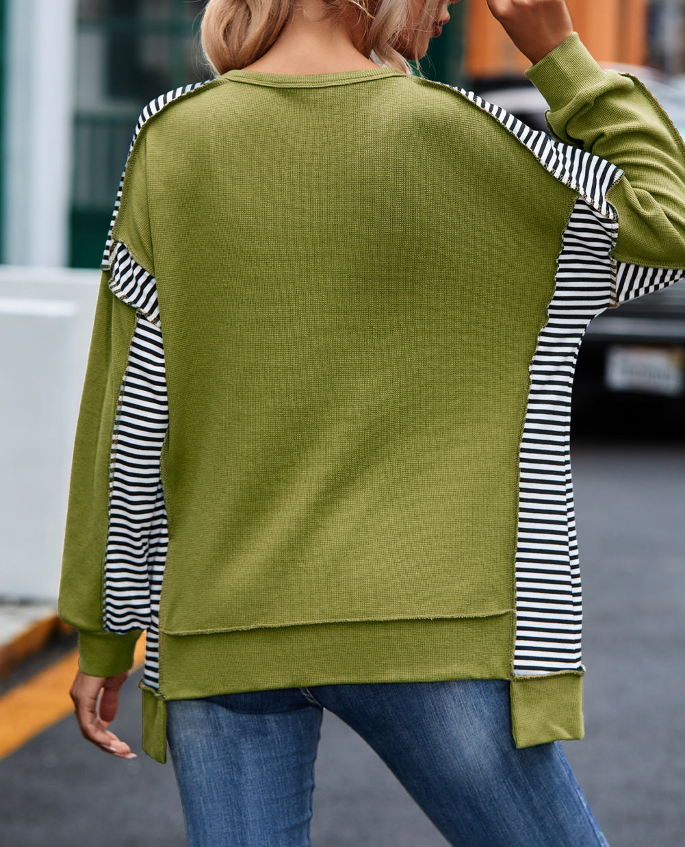 Striped Patch Exposed Seam Henley Sweatshirt
