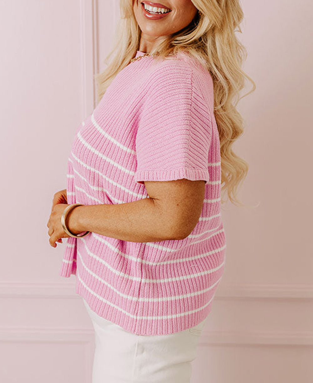 Stripe Ribbed Loose Plus T Shirt