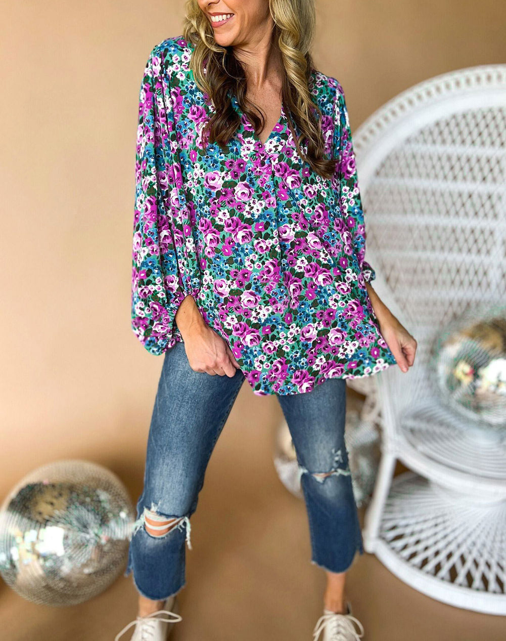 Boho Floral Print V-Neck Long Sleeve Blouse
