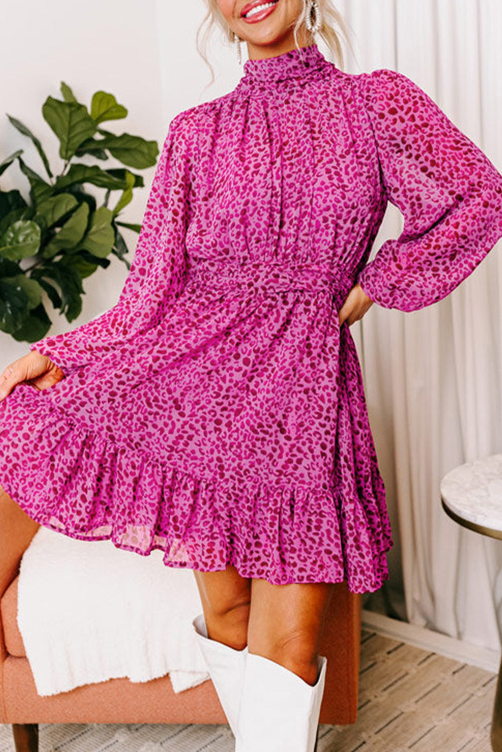 Leopard Puff Sleeve Knotted High Neck Ruffle Dress