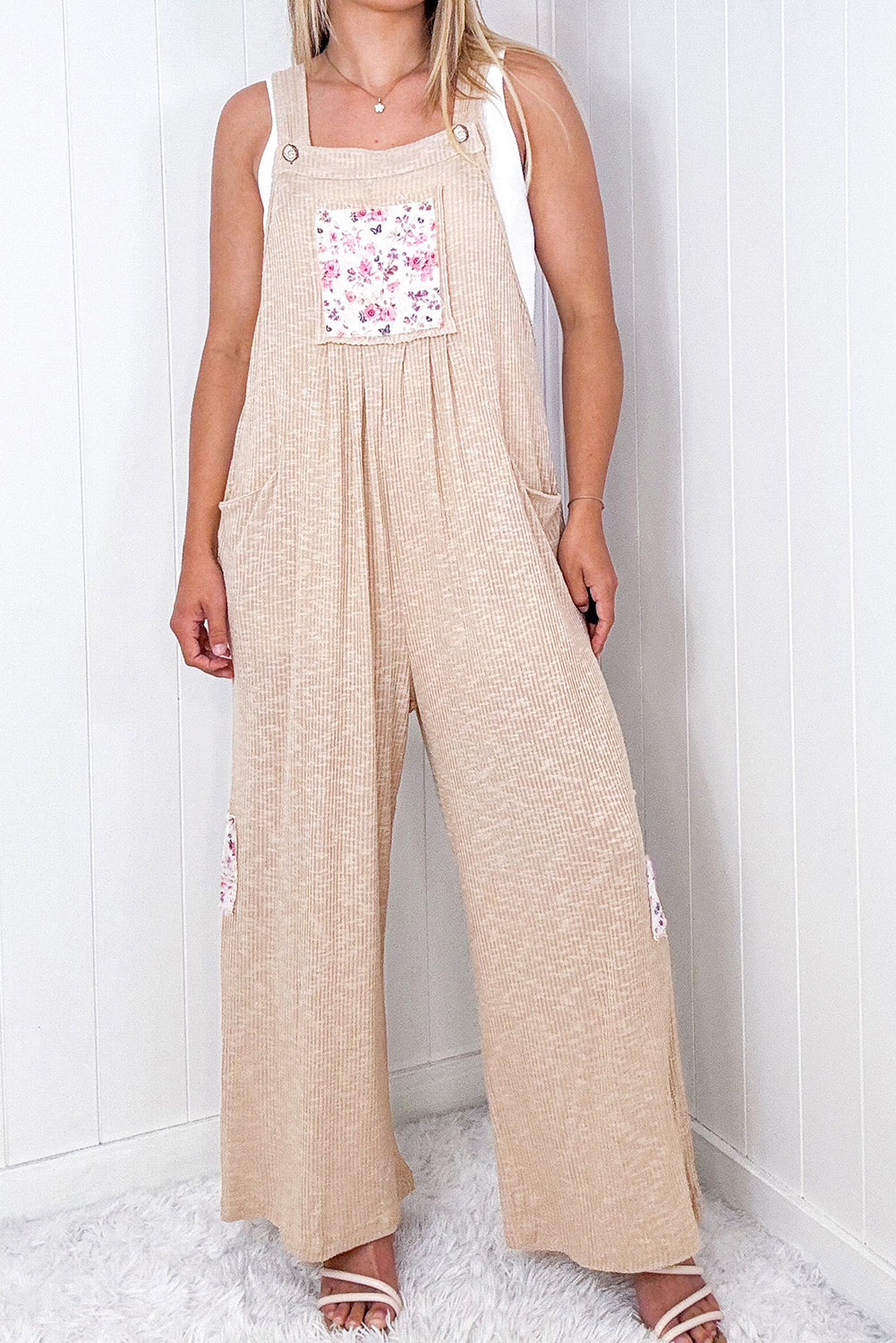 Floral Patchwork Ribbed Side Pockets Wide Leg Jumpsuit