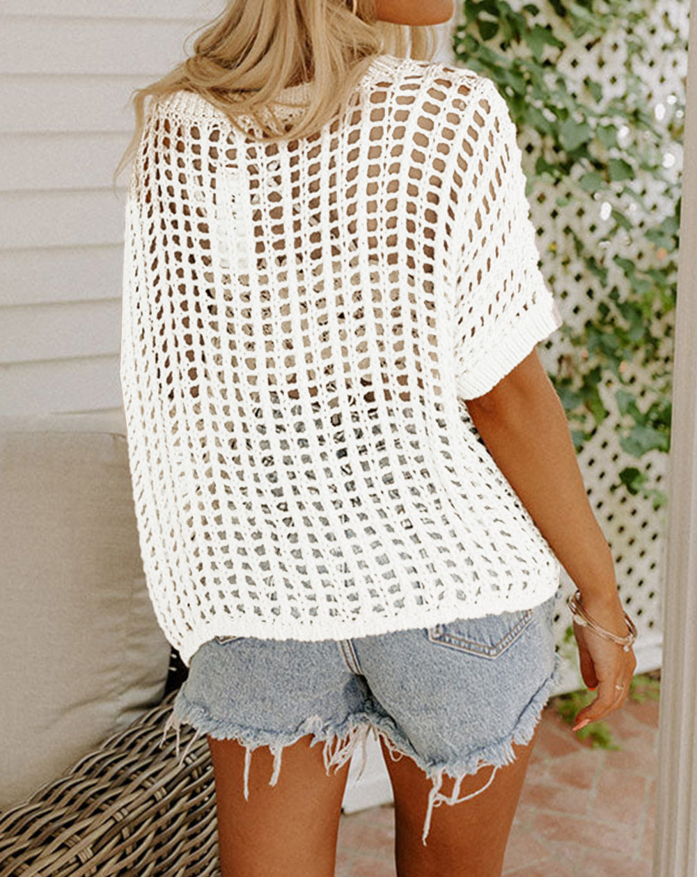 Fishnet Knit Ribbed Round Neck Short Sleeve Sweater Tee