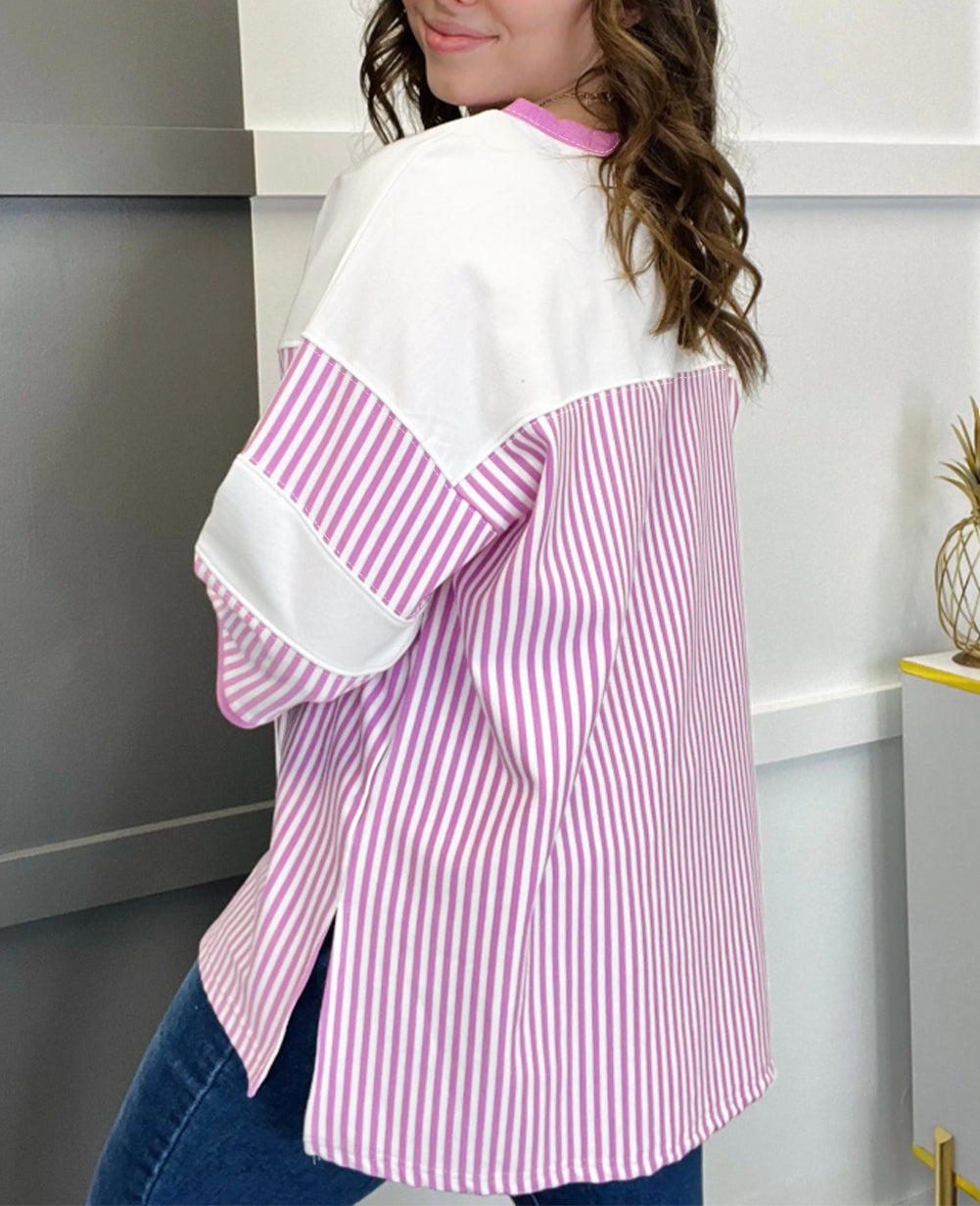 Stripe Patchwork Bracelet Sleeve Plus Size T Shirt