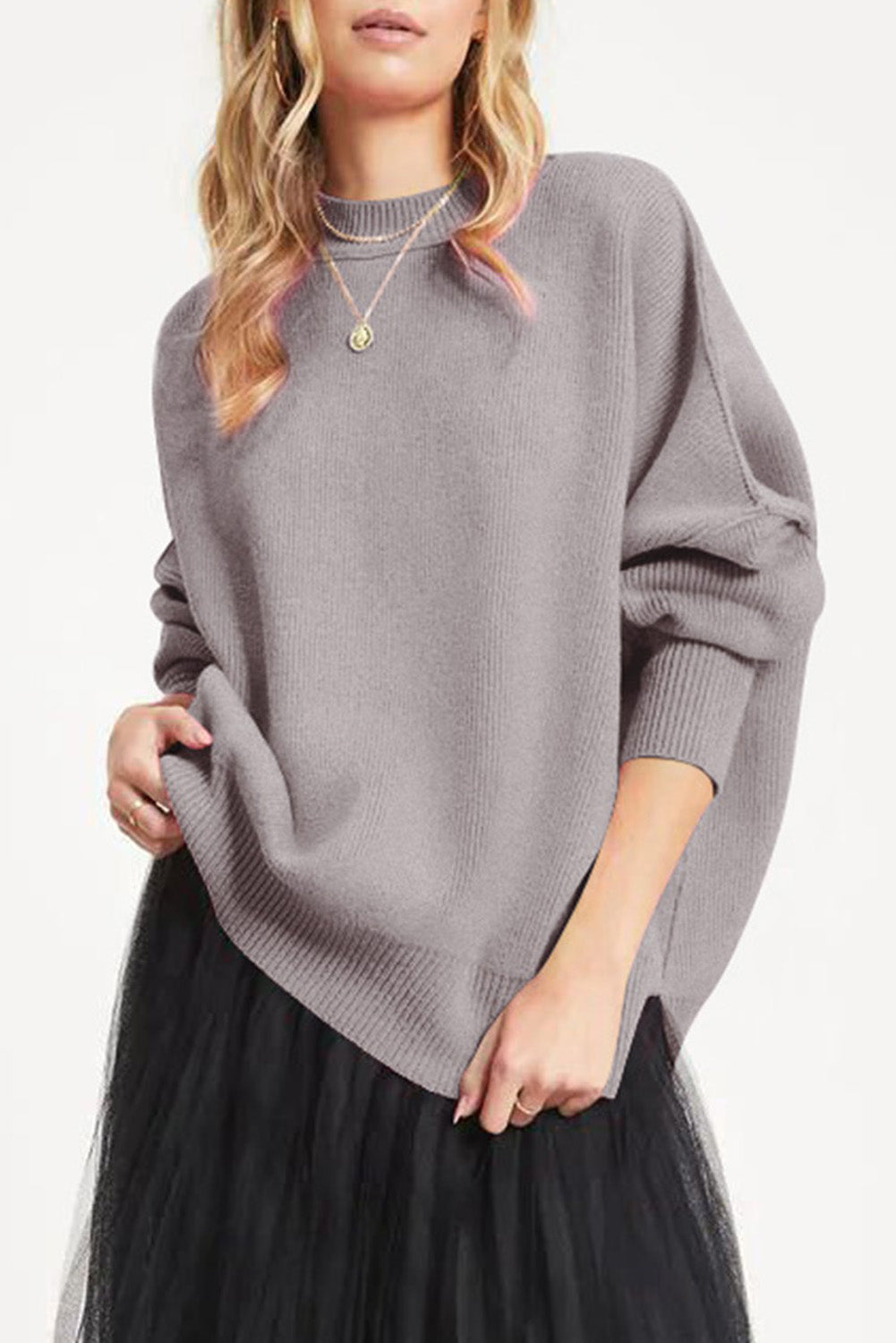 Oversized Drop Shoulder Bubble Sleeve Pullover Sweater
