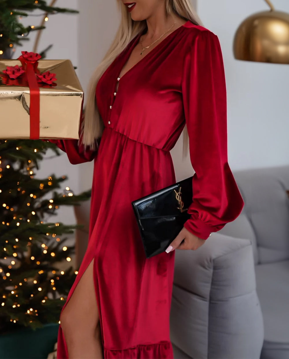 Velvet Buttoned Puff Sleeve V Neck Split Midi Dress