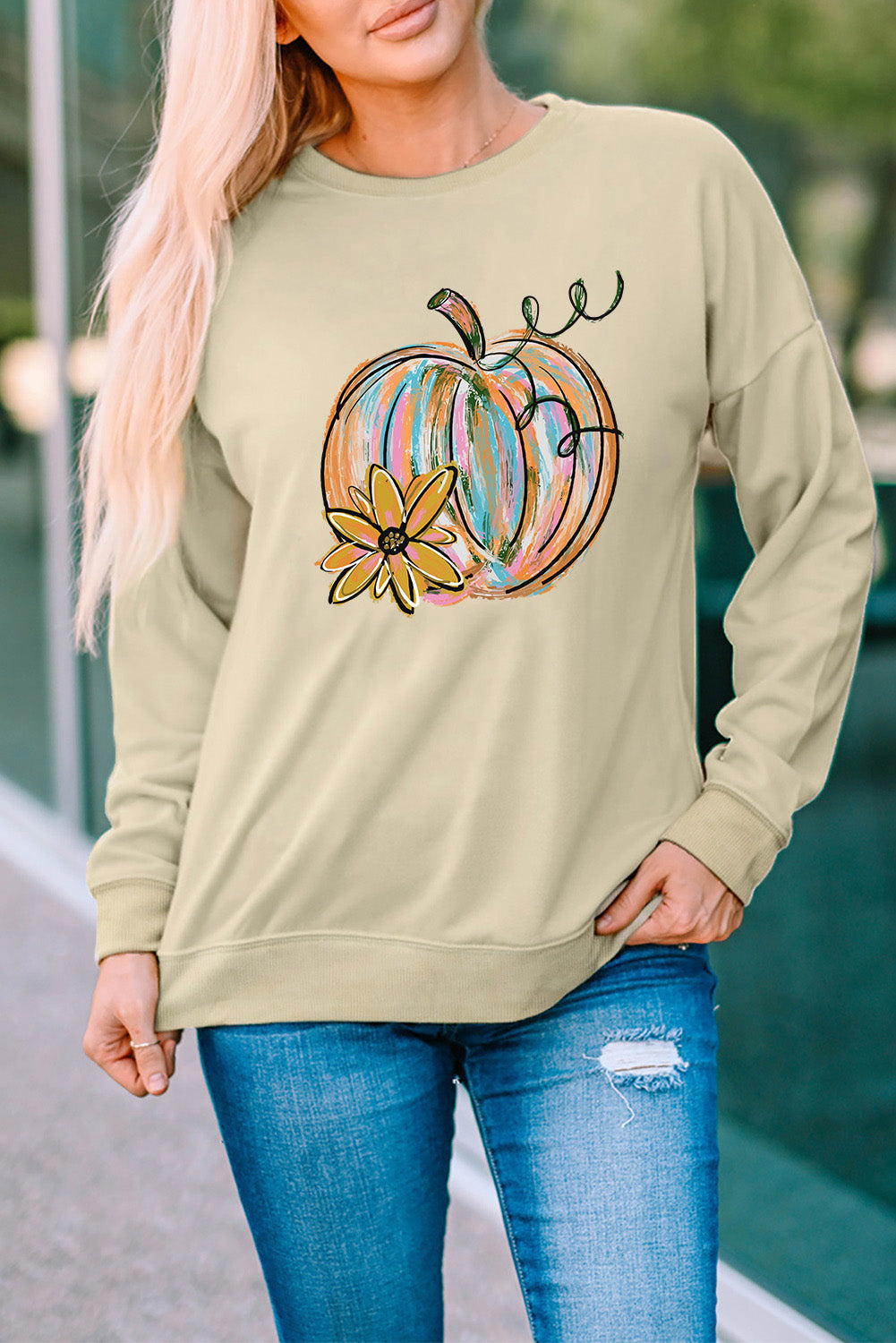 Pumpkin Flower Print Pullover Sweatshirt