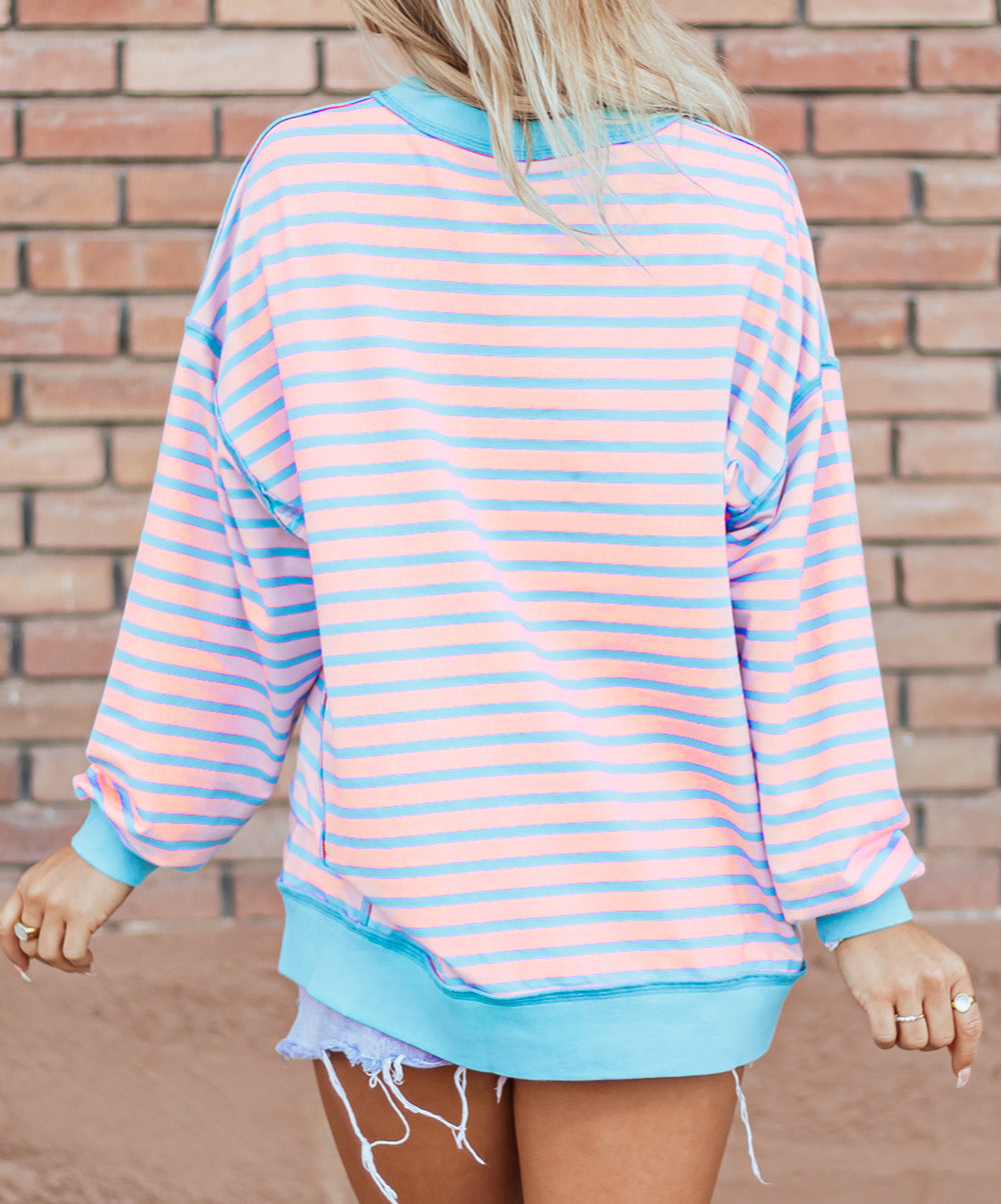Stripe Contrast Trim High Low Pullover Tunic Sweatshirt