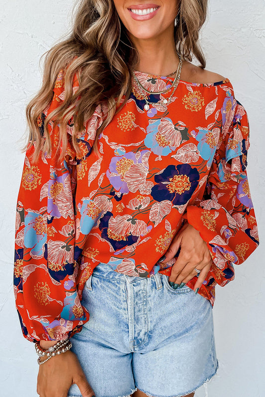 Floral Print Ruffle Puff Sleeve Blouse