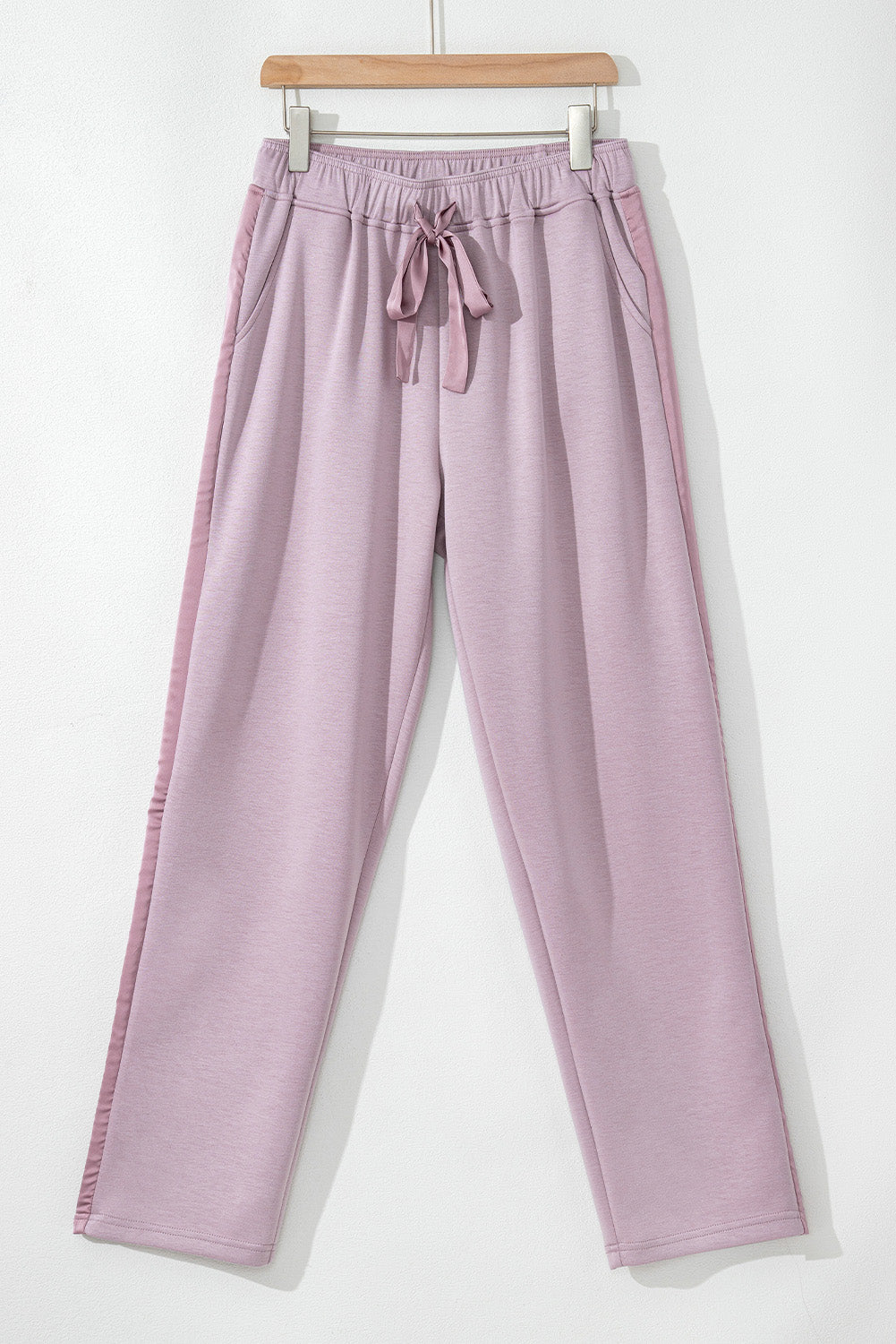 Drawstring Waist Satin Stripe Patch Straight Leg High Waist Pants
