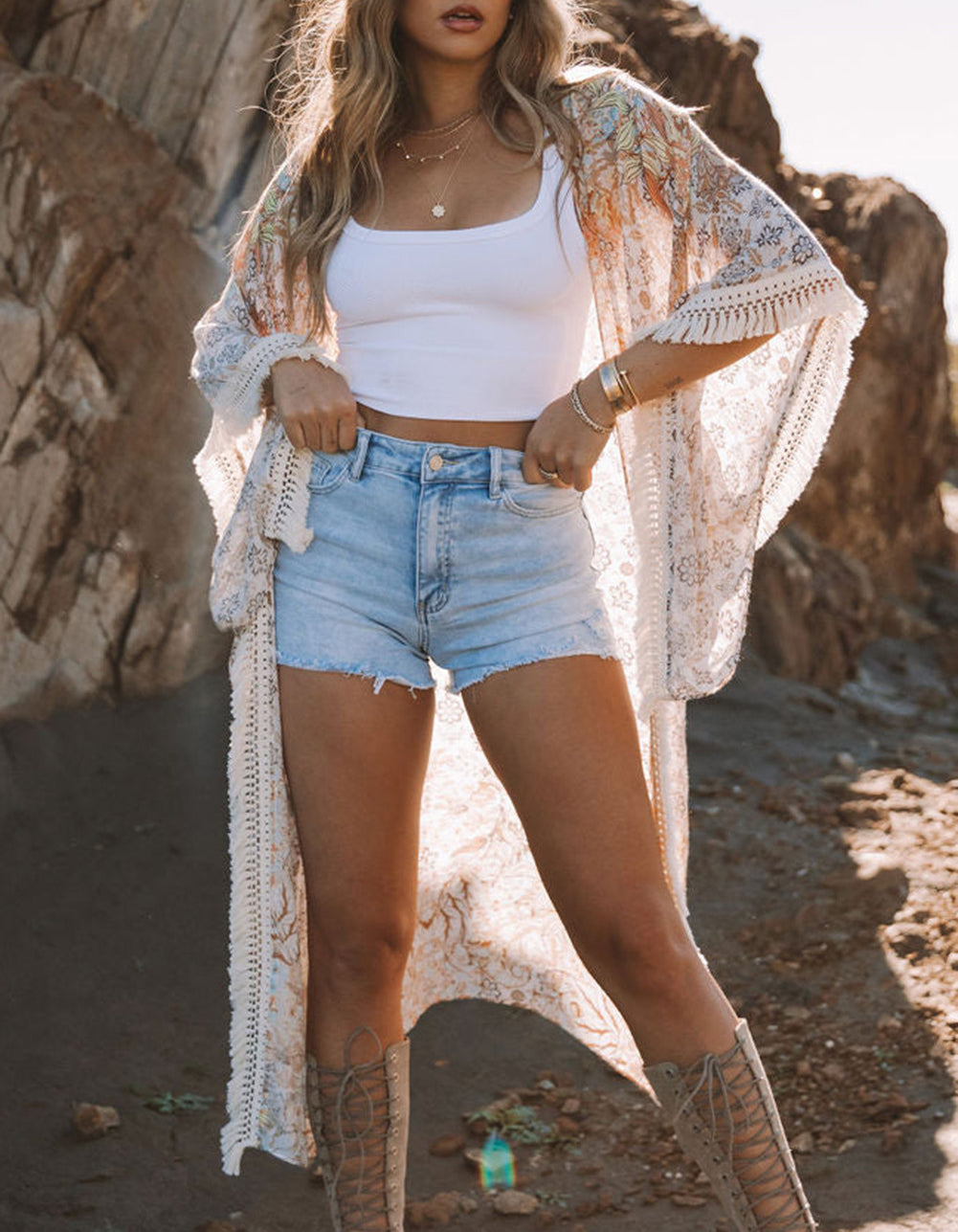 Beige Tassel Trim Split Sleeve Boho Print Kimono