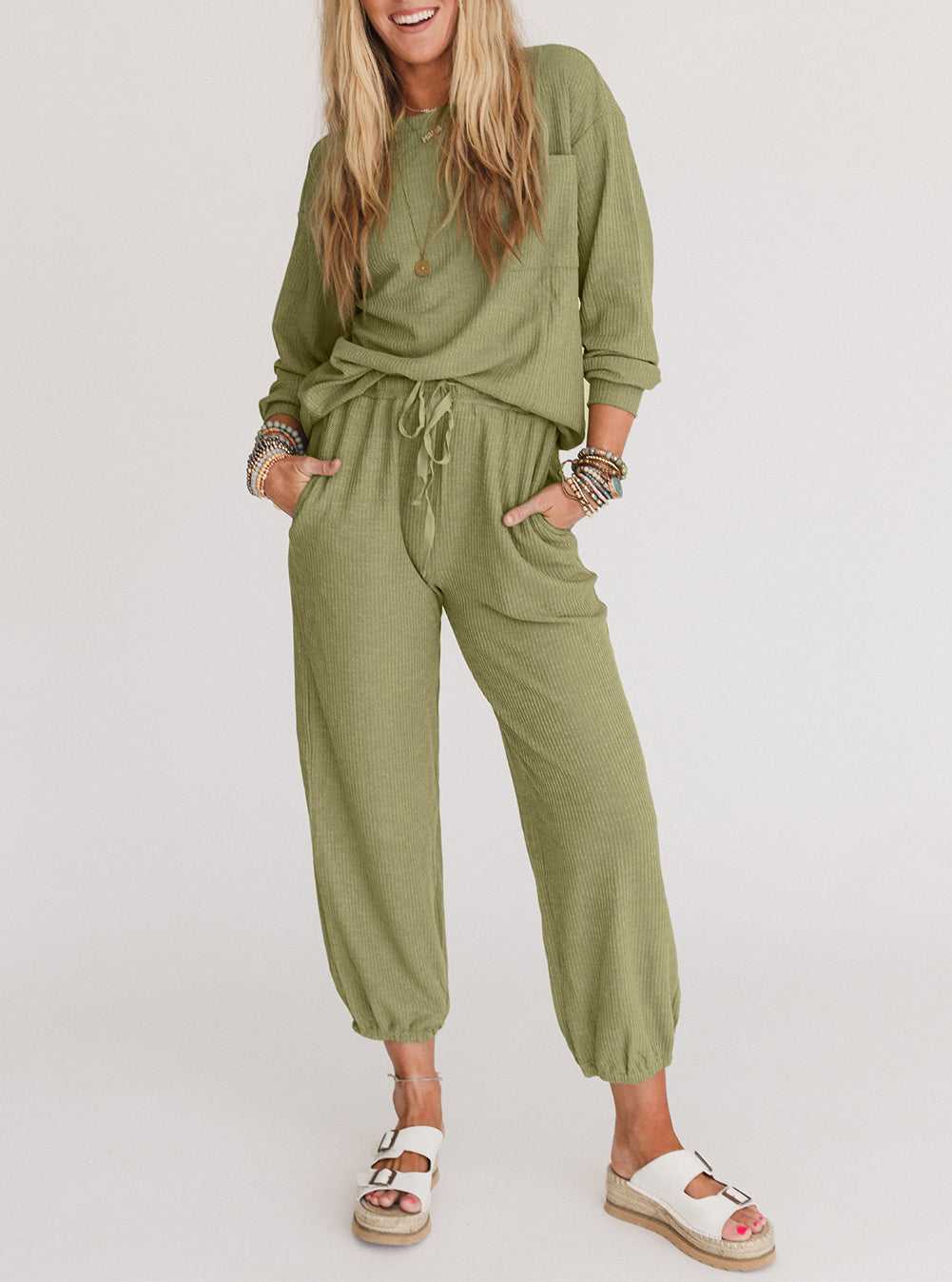 Waffle Knit Long Sleeve Top Drawstring Joggers Set