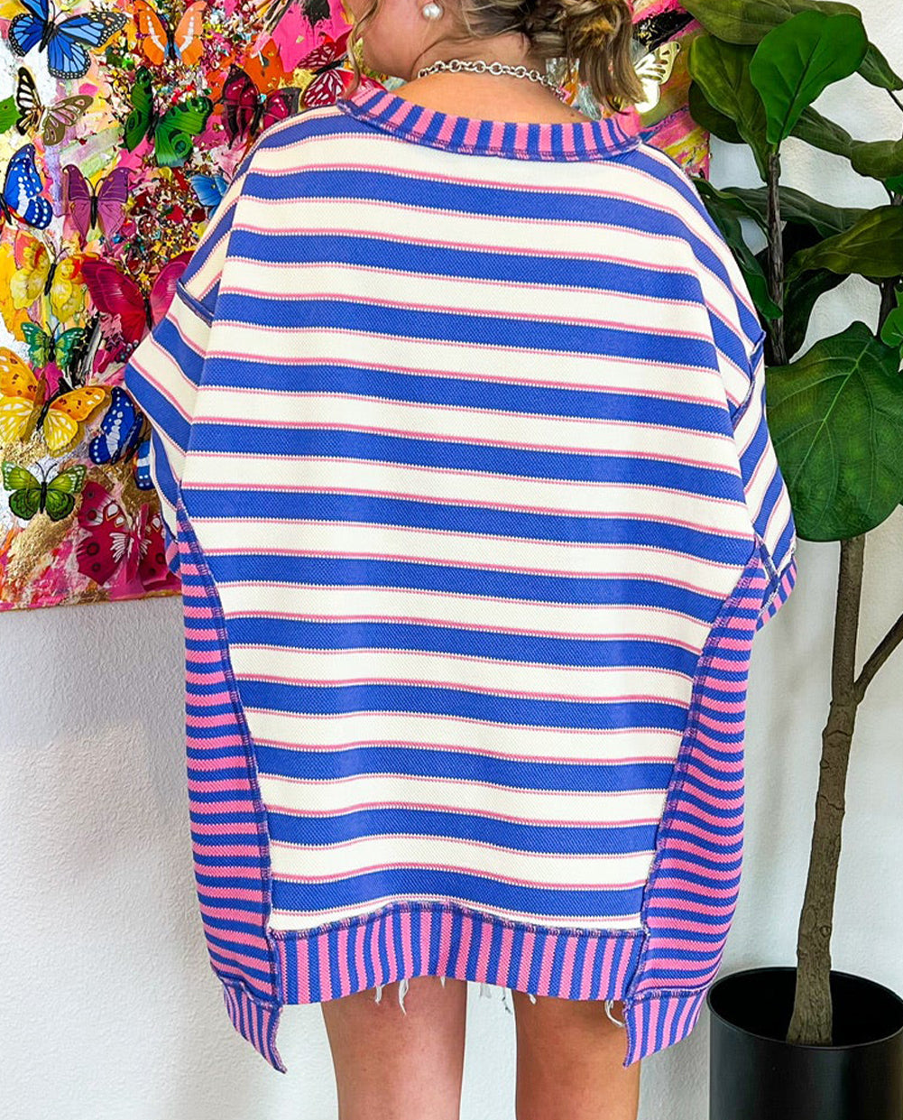 Stripe Patchwork Exposed Seam Drop Shoulder Oversized Top