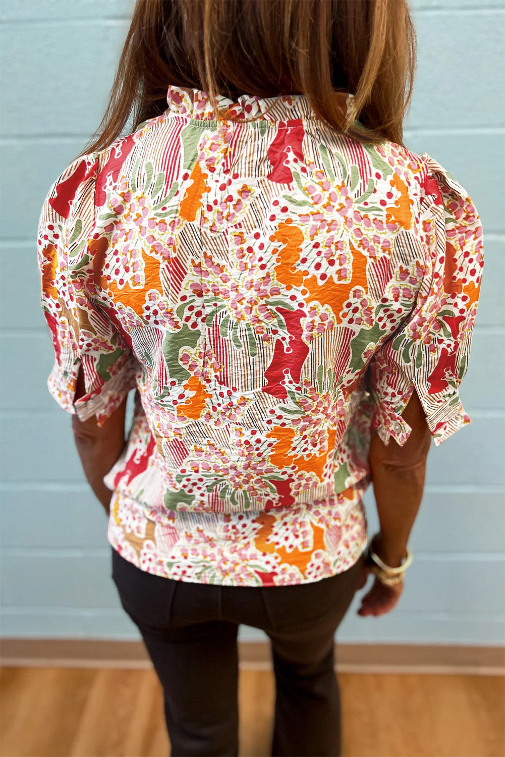 Floral Print Button Frilled Short Sleeve Blouse