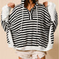 Oversized Striped Henley Buttons Dolman Sleeve Hooded Top