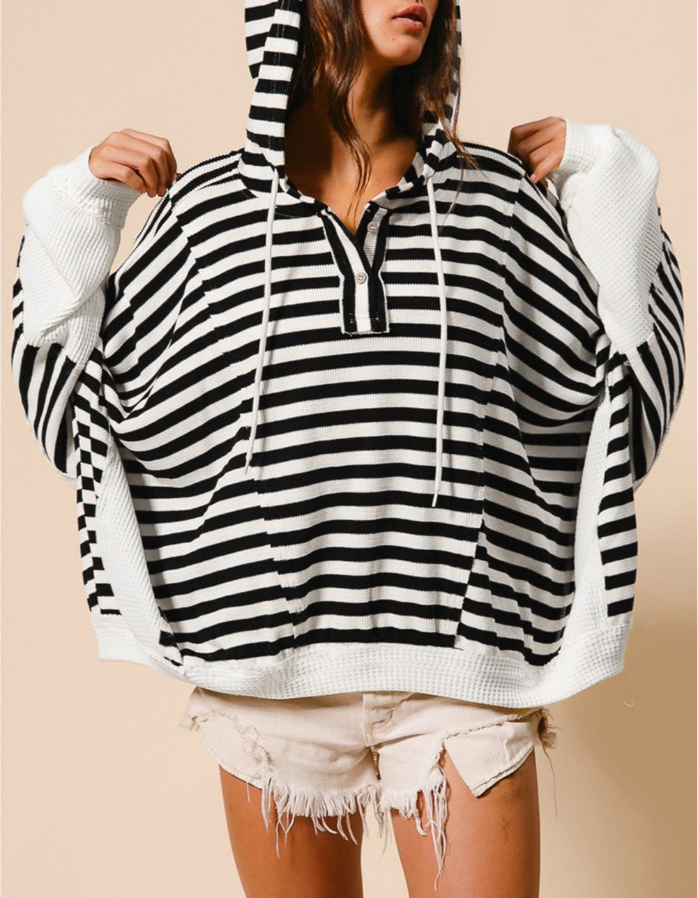 Oversized Striped Henley Buttons Dolman Sleeve Hooded Top