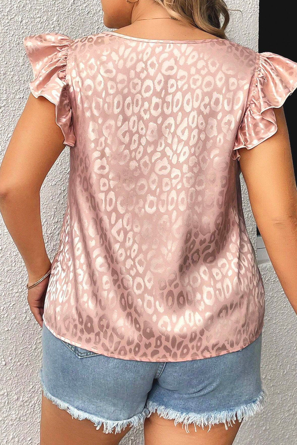 Plus Size Leopard Print Ruffled Flutter Sleeve Satin Blouse