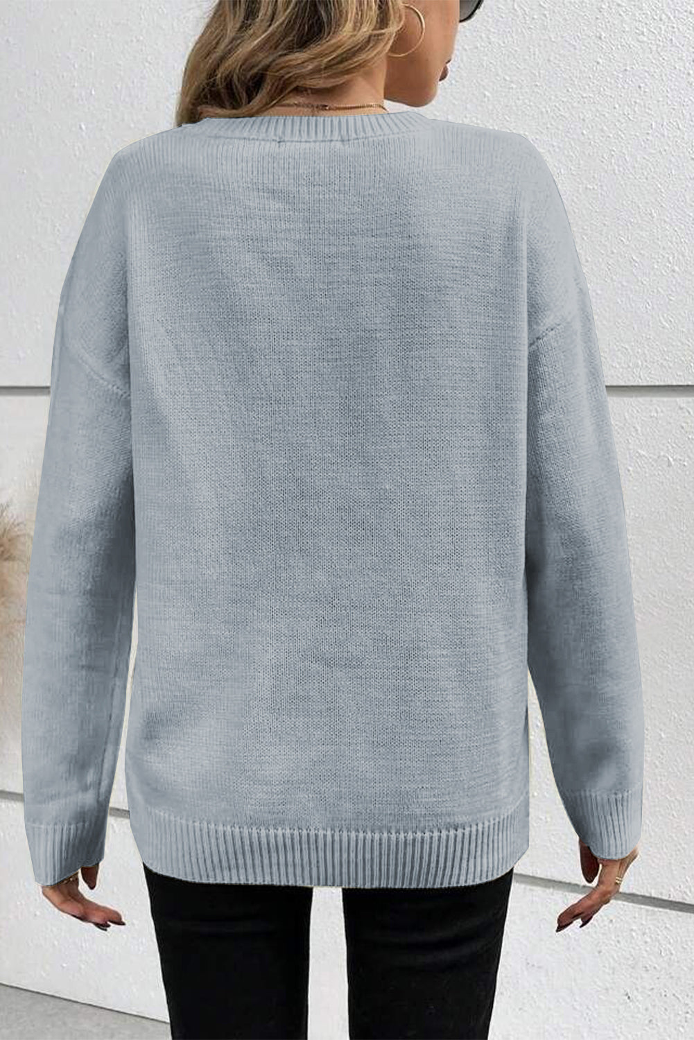 Knitted Pattern Ribbed Edge Drop Shoulder Sweater