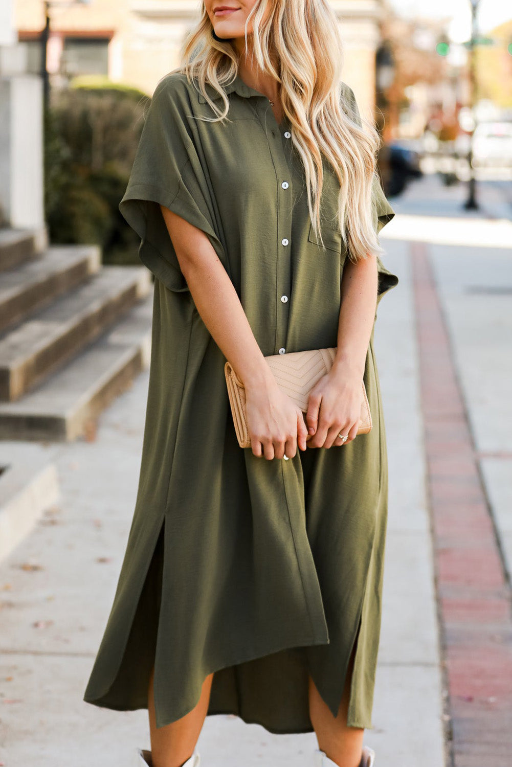 Loose High Low Side Slits Short Sleeve Shirt Dress