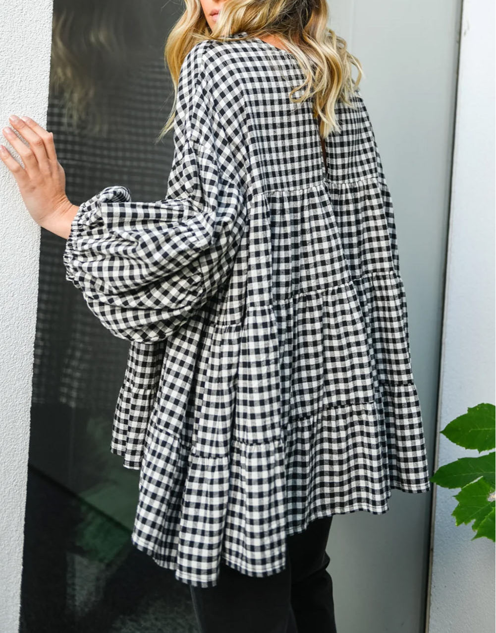 Checkered Puff Sleeve Tiered Loose Babydoll Blouse