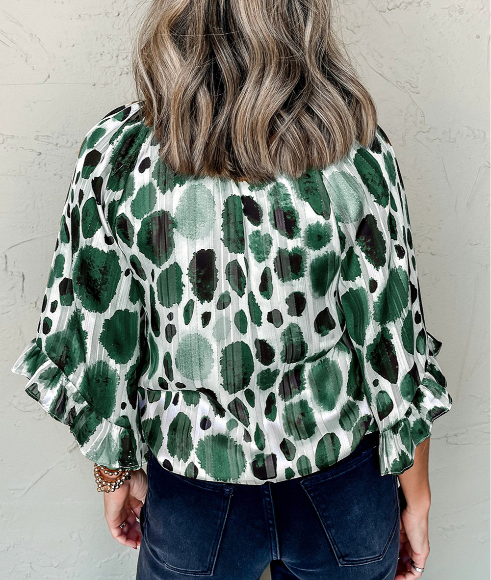 Metallic Threading Accents Pleated Abstract Printed Ruffled 3/4 Sleeve Blouse