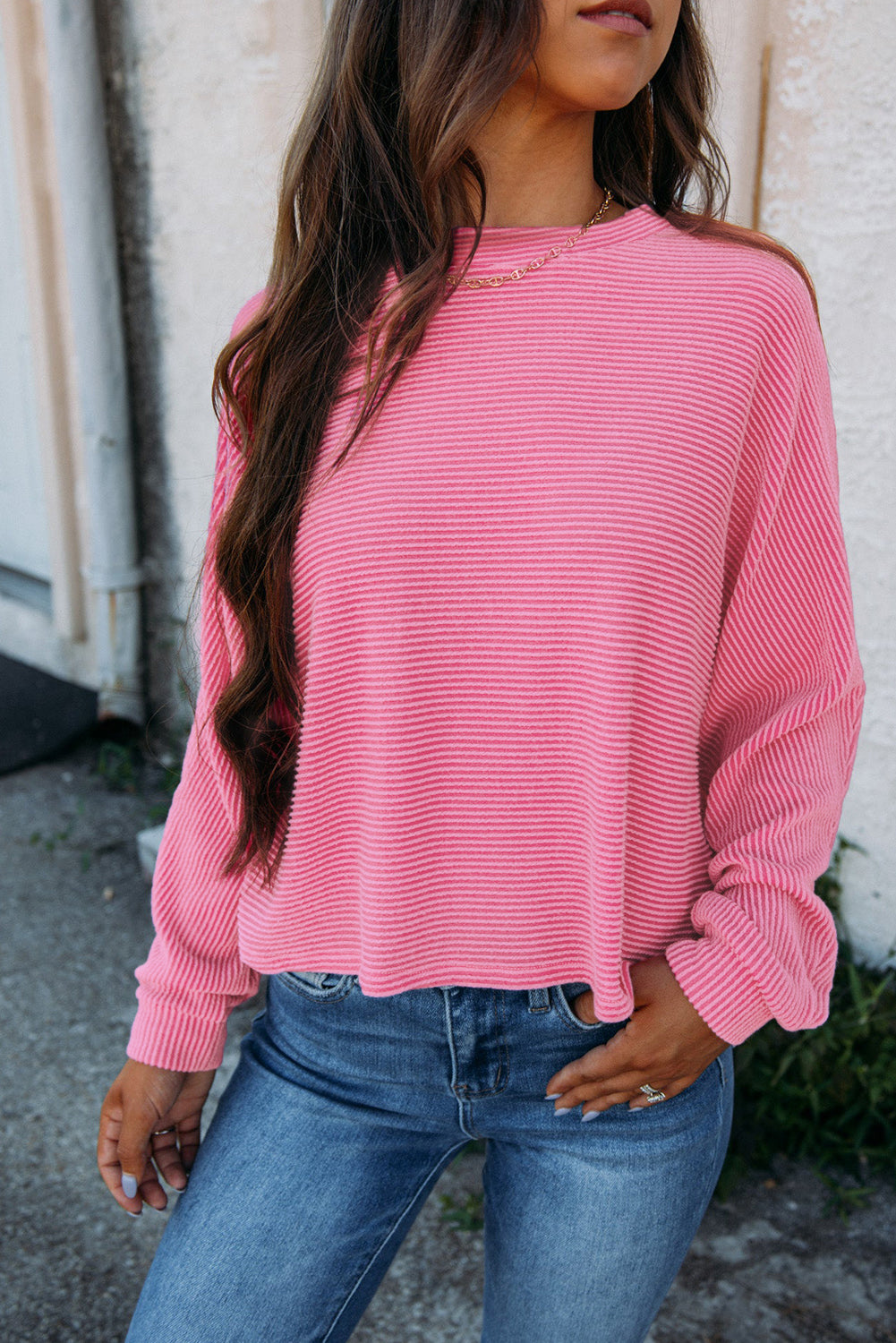 Solid Color Corded Textured Long Sleeve Top
