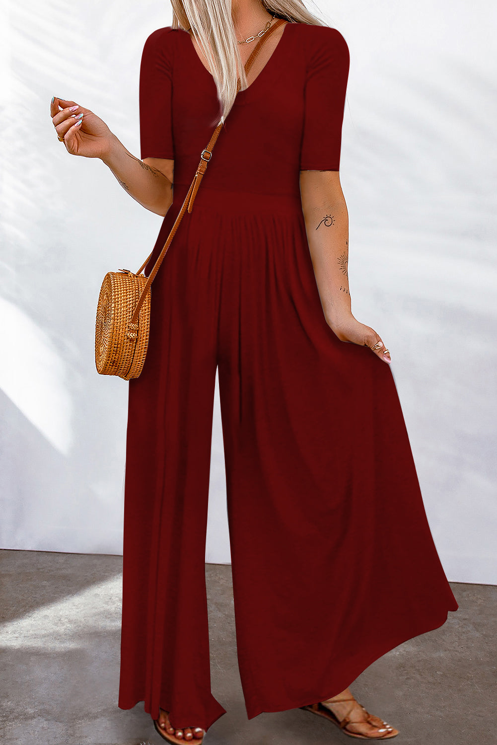 Short Sleeve Bodice Flowy Wide Leg Jumpsuit