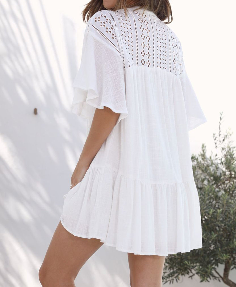 Hollow Out Ruffled Buttoned Shirt Mini Dress
