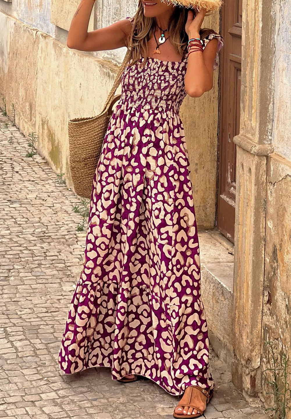 Leopard Ruffle Straps Smocked High Waist Long Dress