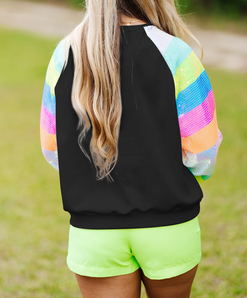 Sequin Color Block Raglan Sleeve Pullover Sweatshirt