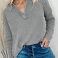 Gray V Neck Collared Retro Waffle Long Sleeve Top