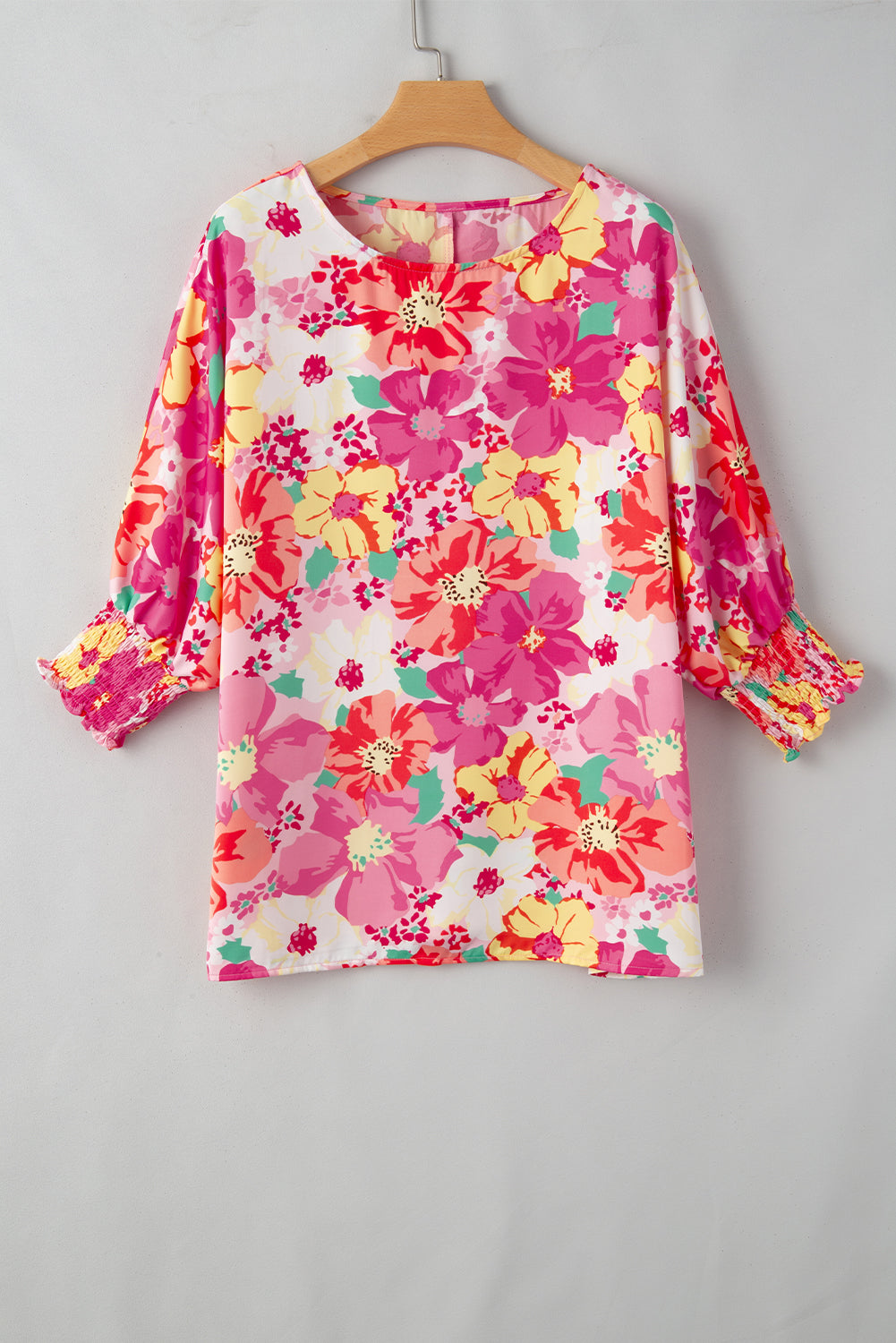 Shirred Cuffs 3/4 Sleeve Floral Blouse