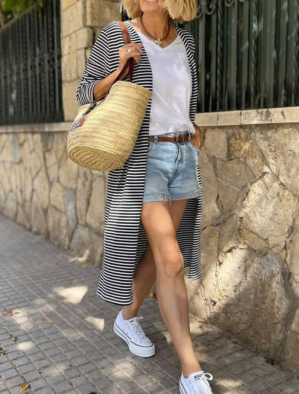 Stripe Open Front Long Cardigan