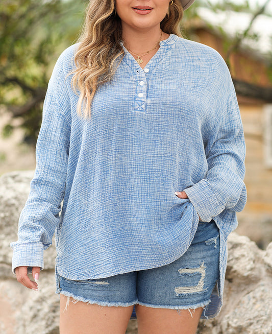 Plus Size Split Neck Buttons Crinkled Blouse